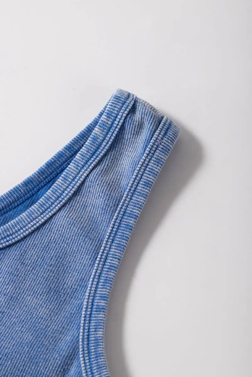 Sky Blue Mineral Wash Ribbed Notch Neck Tank Top for Women - Love Salve